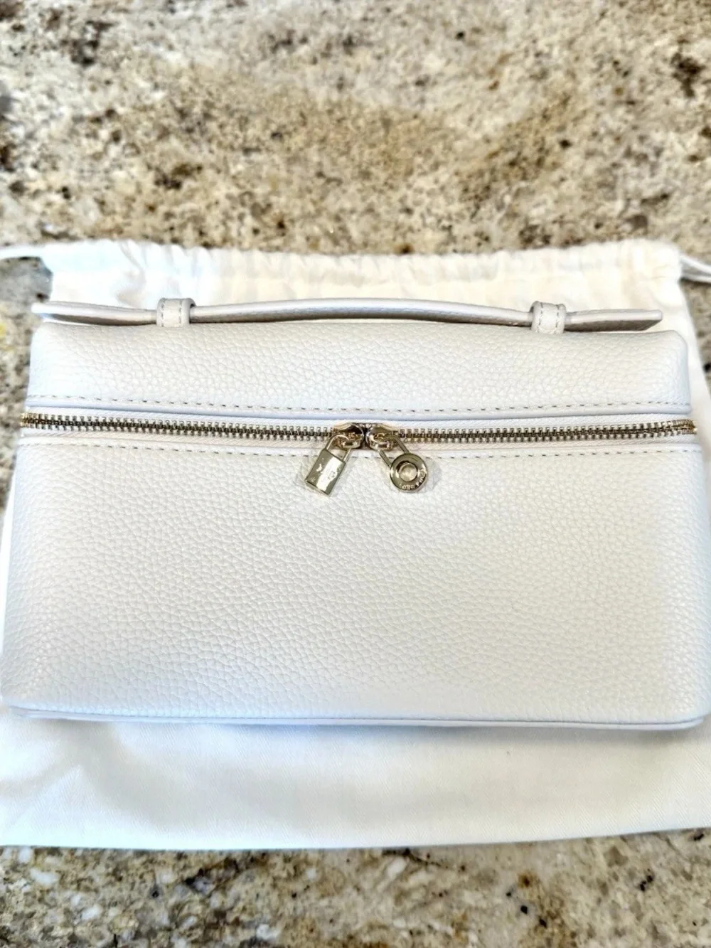 Loro Piana White Pebbled Leather Top-Handle Clutch with Gold Hardware